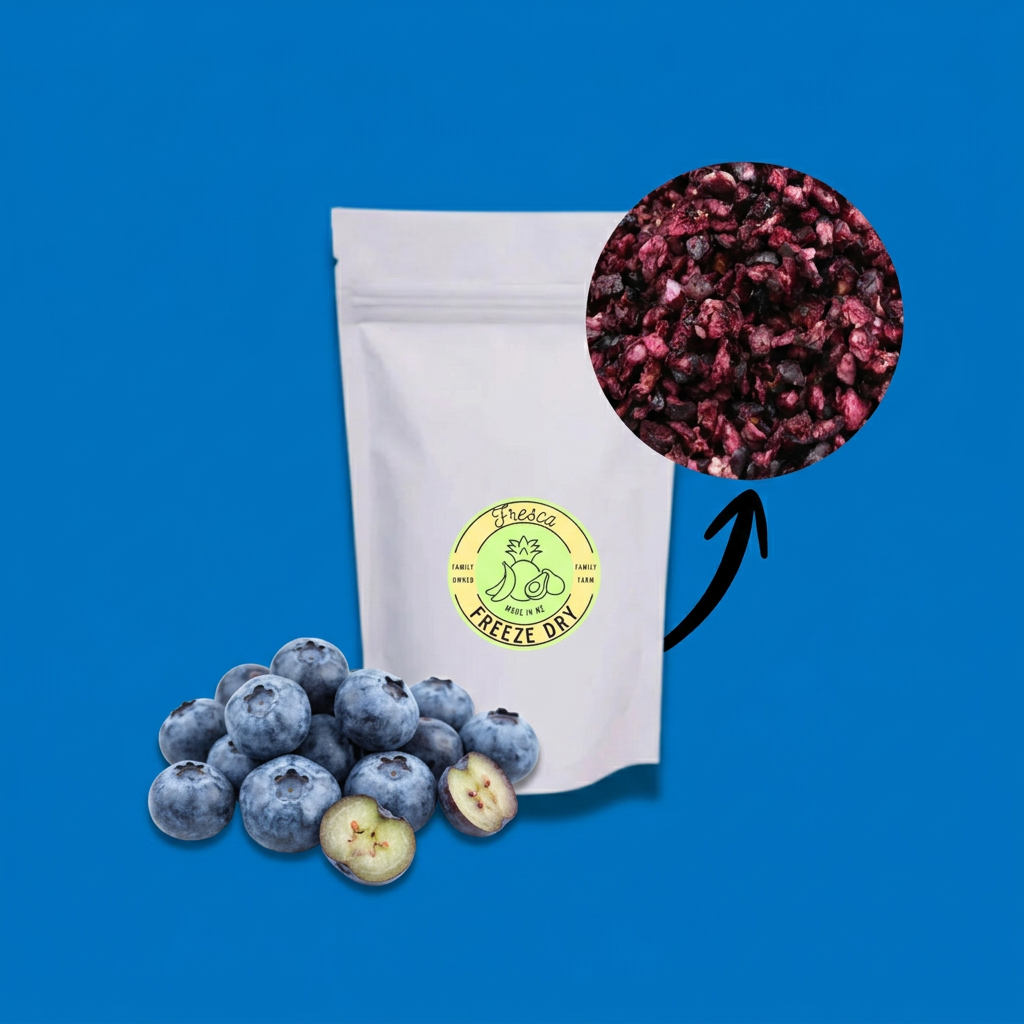 Fresca Freeze Dry bag with fresh blueberries and a circular freeze-dried blueberry close-up on blue